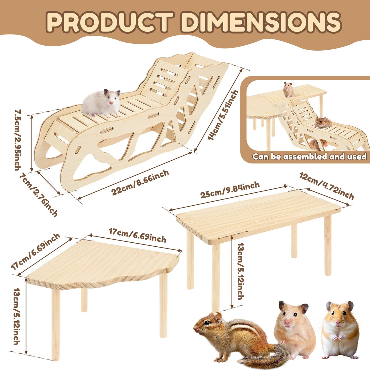 3Pcs Hamster Platform Natural Wood Hamster Climbing Toy with Ramp Tunnel Shelter Small Pet Resting Area Hamster Cage Accessories