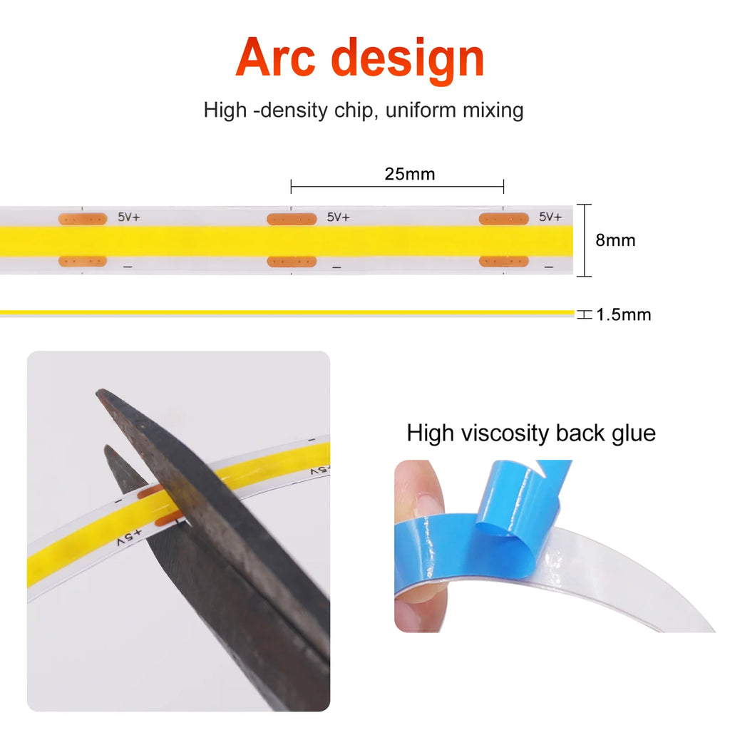 5V COB LED Strip Light 320LEDs/M Touch Sensor Dimmable USB Flexible LED Ribbon Adhesive Tape DIY Mirror TV Backlight Night Light