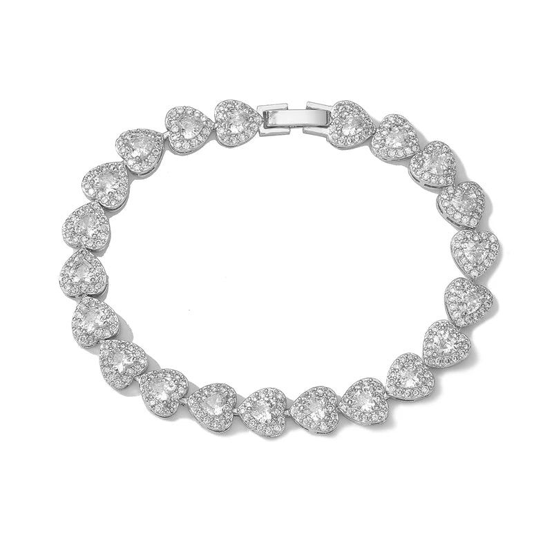HECHENG, CZ Heart Tennis Link Chain Bracelet Necklace For Women Birthday Gifts Iced Out Bling CZ Paved Love Heart Sweet Bracelet