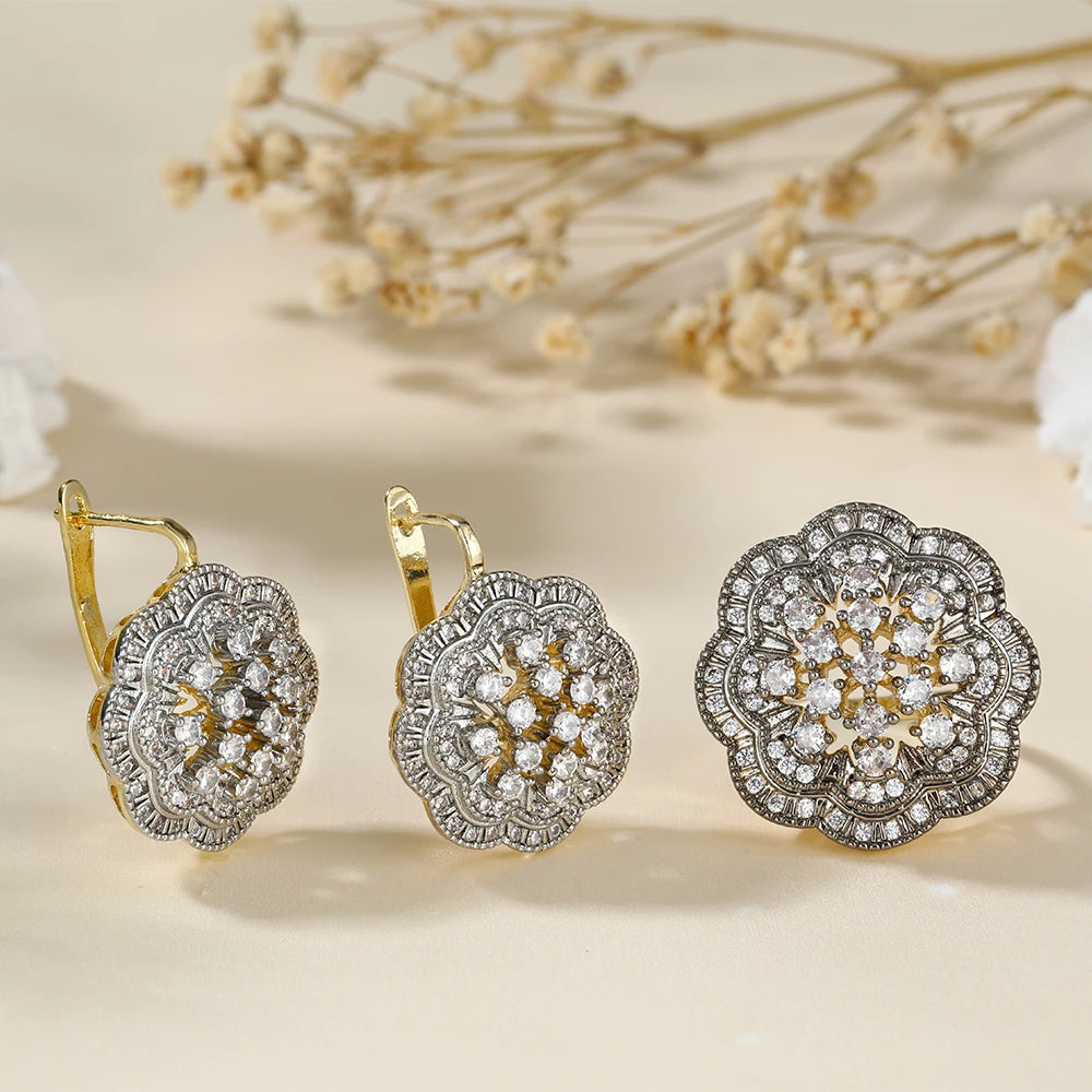 Large flower bleach two -color hollow earrings Copper copper plating 14K gold fashion jewelry luxury and exquisite jewelry