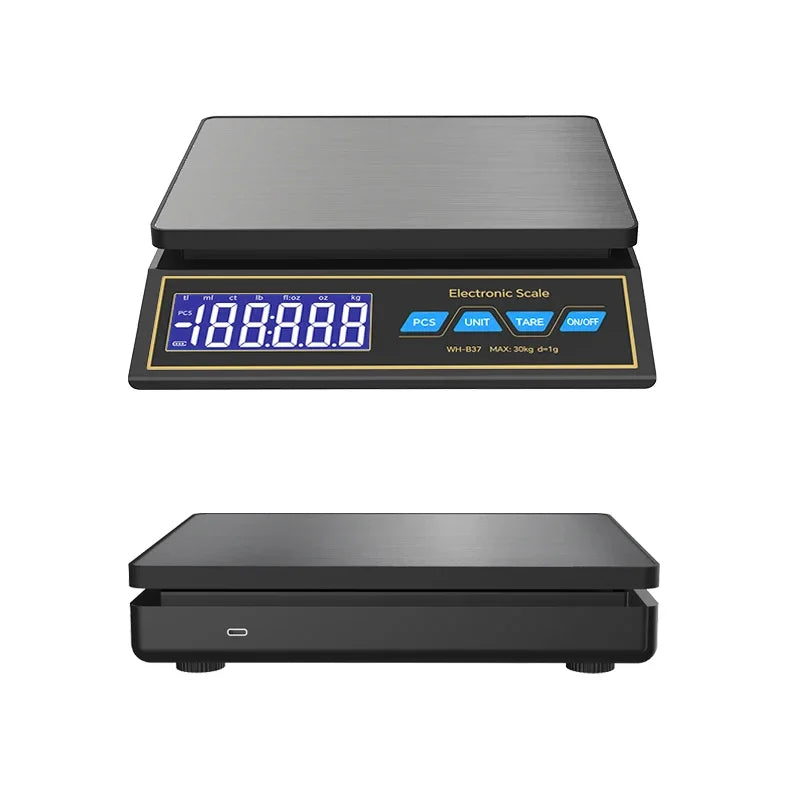30kg/1g Digital Electronic Kitchen Scale Rechargeable Stainless Steel Household Food Scale Weight Balance with Counting Function