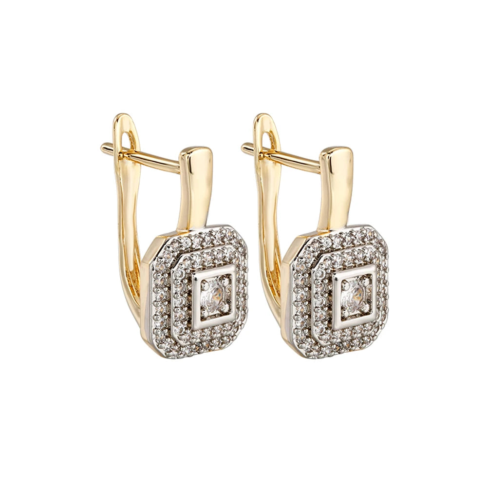 Square design inlaid zircon earrings ring copper plated 14K gold fashion jewelry set birthday party exquisite gift jewelry