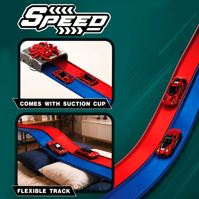Dual Mode Racing Track Toy with 4 Alloy Pull Back Cars, Flexible Suction Cup Track, Halloween & Christmas Gift for