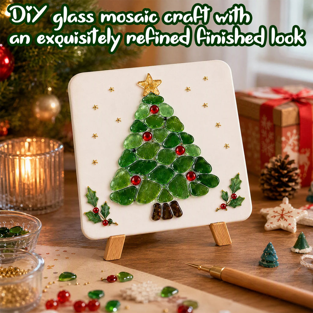 Holiday Mosaic Decoration DIY Kit Christmas Reindeer Sea Glass Art Craft Set with Tweezers Stand Complete Tools