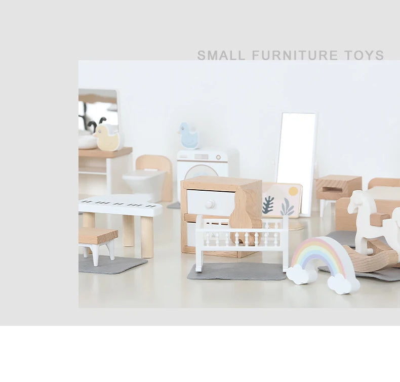 Wooden Play House Toy Set Mini Dollhouse Simulated Furniture Decoration Set Bedroom Kitchen Items Table And Chairs Accessorie