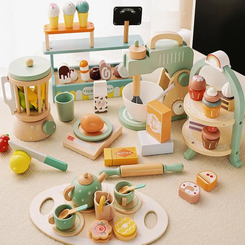 Girls Toys Wooden Afternoon Tea Set Children's Toy Kitchen  Pretend Play Set Toaster Coffee Maker Ice Cream Kids Educational Toy