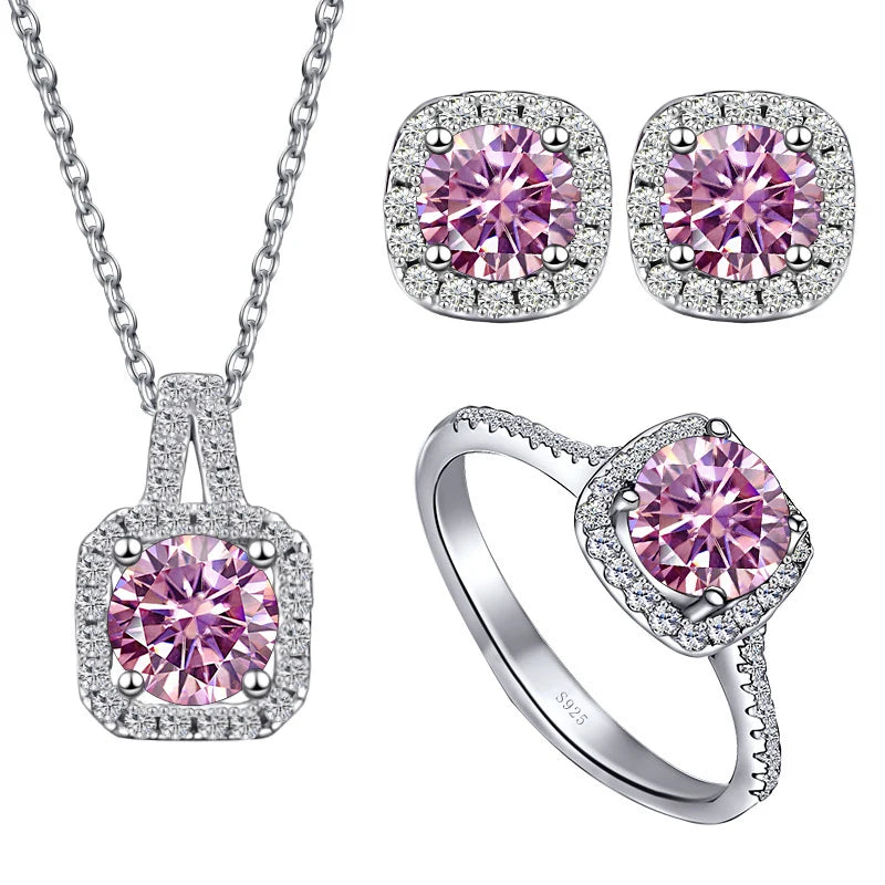 JoyceJelly S925 Sterling Silver jewelry for women 1 carat moissanite diamond 3 pieces set necklace ring earrings wedding party