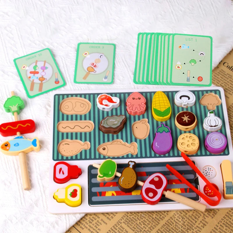 Wooden BBQ Grill Toy Set, Montessori Cooking Experience, Barbecue Simulation Food, Wooden Play House Toys, Gift for Kids