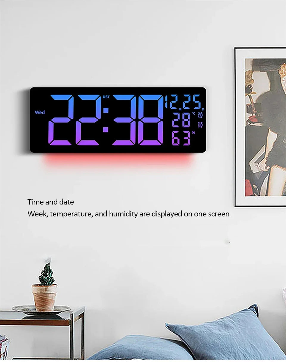 17" Large Digital Alarm Clock with 11Colors & Dynamic RGB Display RGB LED Wall Clock with Colour Changing/Dual Alarm/Room Decor