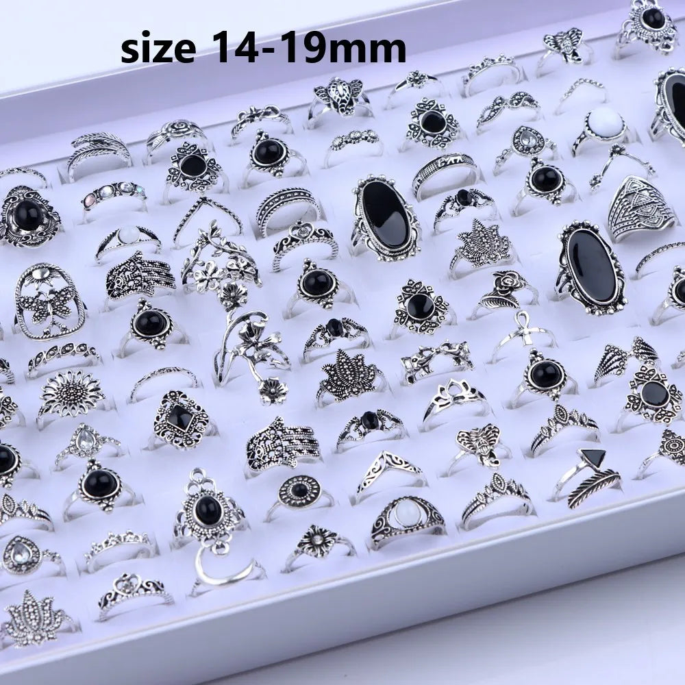 10/20/30/50/100Pcs/Lot Retro Punk Bohemian Rhinestone Carve Rings For Women Mix Style Jewelry Party Gifts Accessories Wholesale