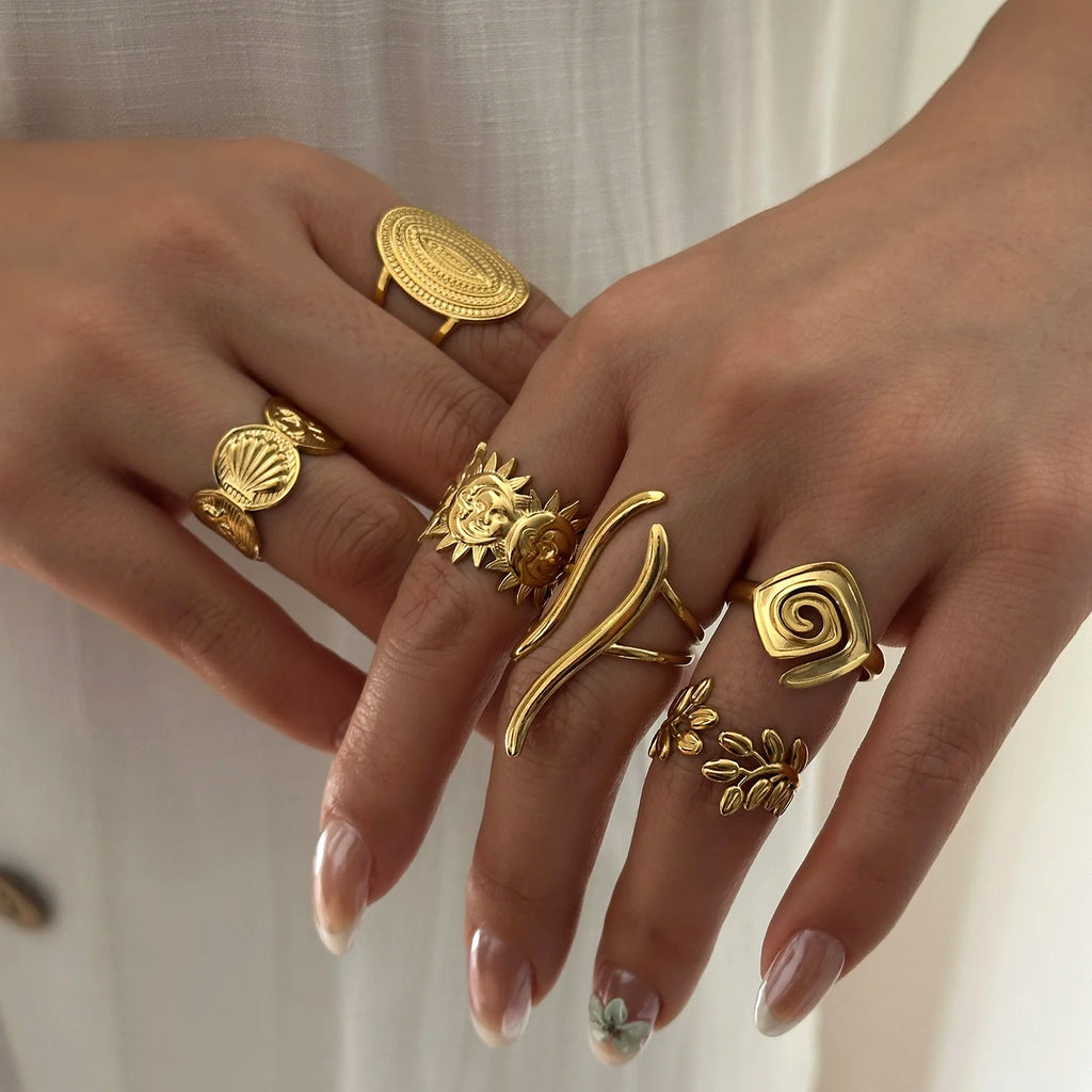 Gmai PVD Plated Stainless Steel Open Rings Set for Women Vintage Sun Leaf Shell Geometric Cuff Ring Hypoallergenic Jewelry Gift