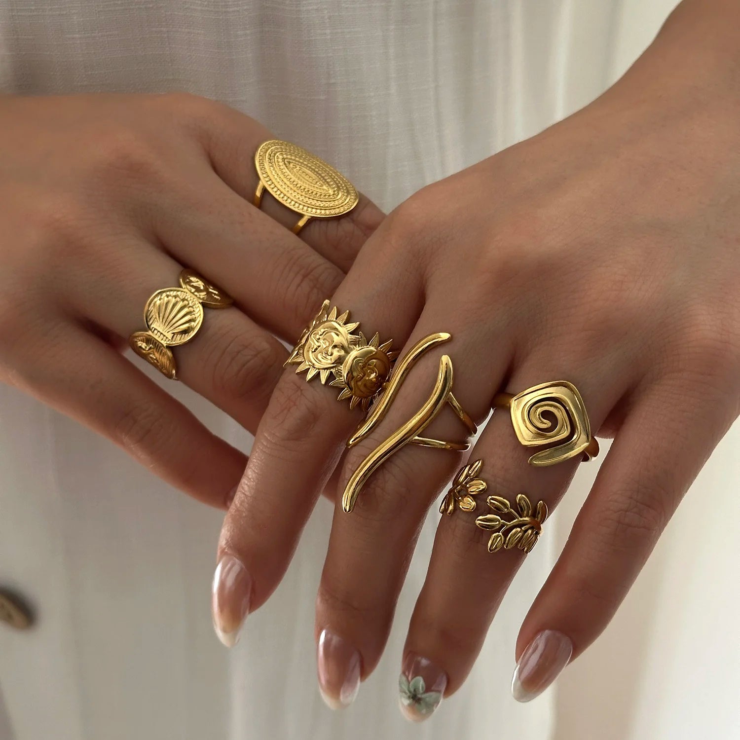 Gmai PVD Plated Stainless Steel Open Rings Set for Women Vintage Sun Leaf Shell Geometric Cuff Ring Hypoallergenic Jewelry Gift