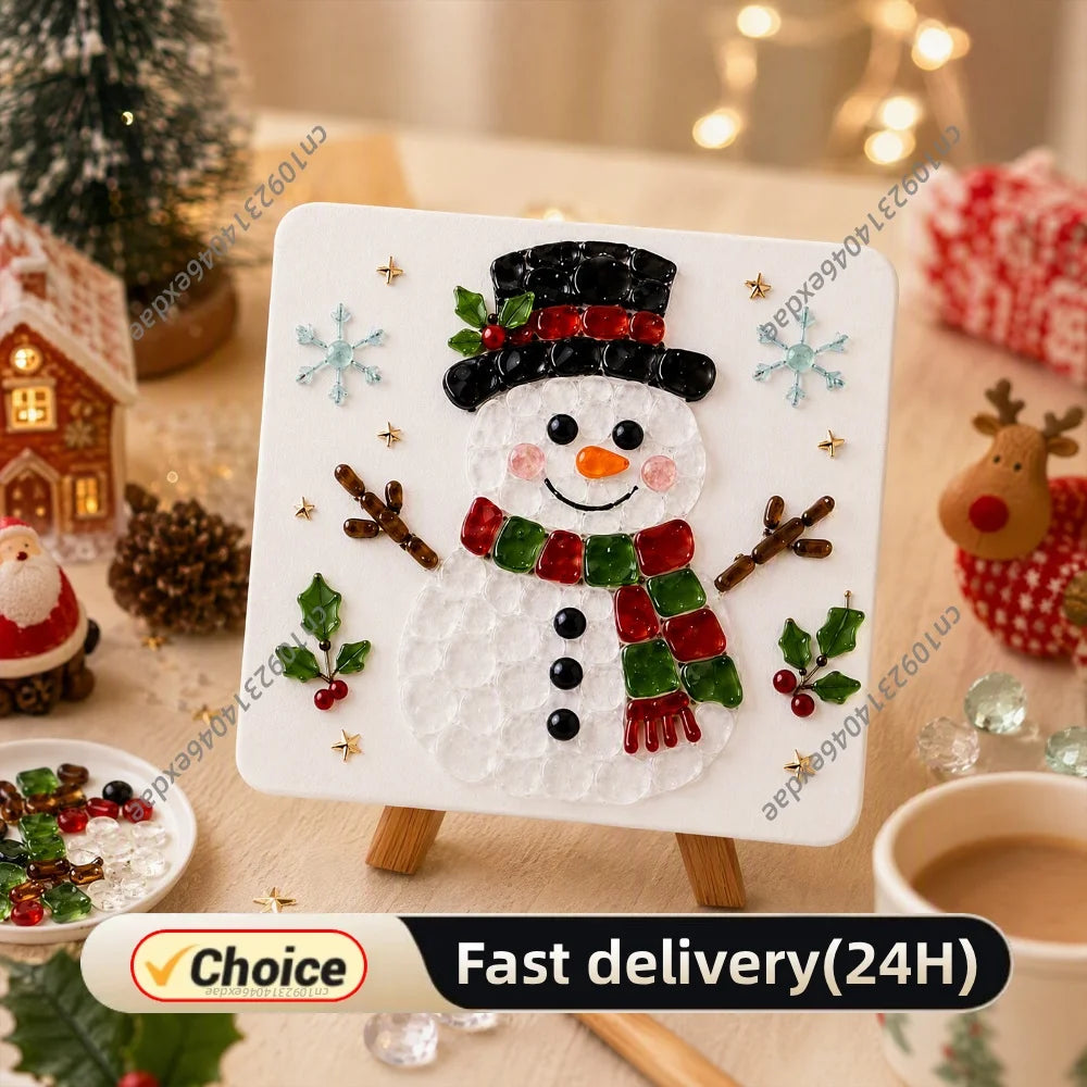 Holiday Mosaic Decoration DIY Kit Christmas Reindeer Sea Glass Art Craft Set with Tweezers Stand Complete Tools