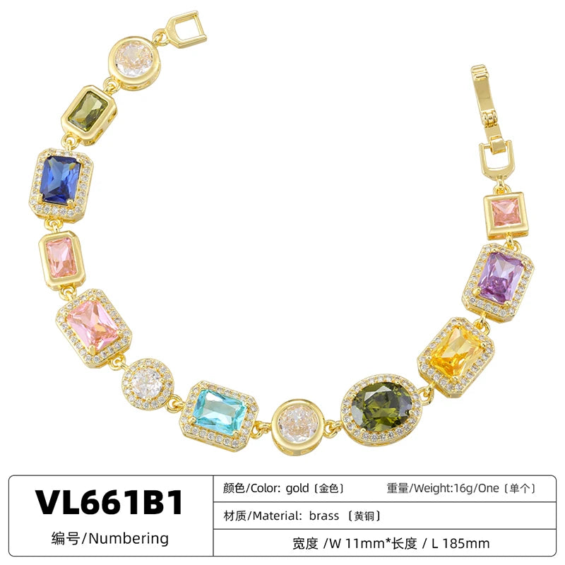 Colorful Mosaic Geometric Zircon Bracelet/Necklace Set Hip-Hop Retro Unisex Couple's 18K Gold-Plated Brass Jewelry:VL661 VL662