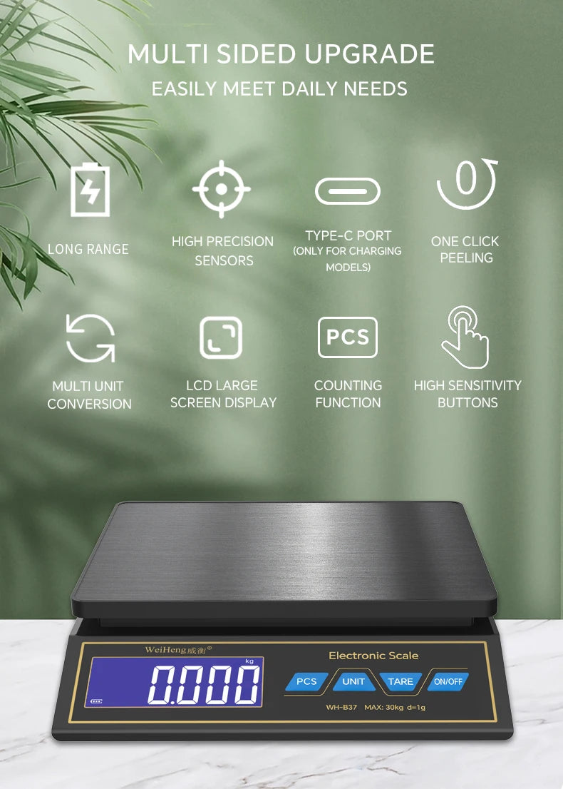 LCD Digital Kitchen Scale 30kg/1g Rechargeable Stainless Steel Panel Electronic Scales Home Jewelry Food Weighing Baking Tools