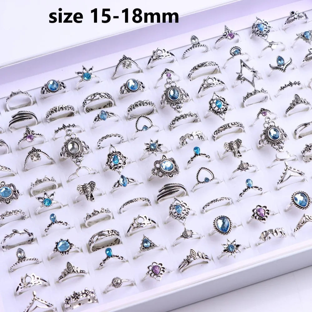 10/20/30/50/100Pcs/Lot Retro Punk Bohemian Rhinestone Carve Rings For Women Mix Style Jewelry Party Gifts Accessories Wholesale