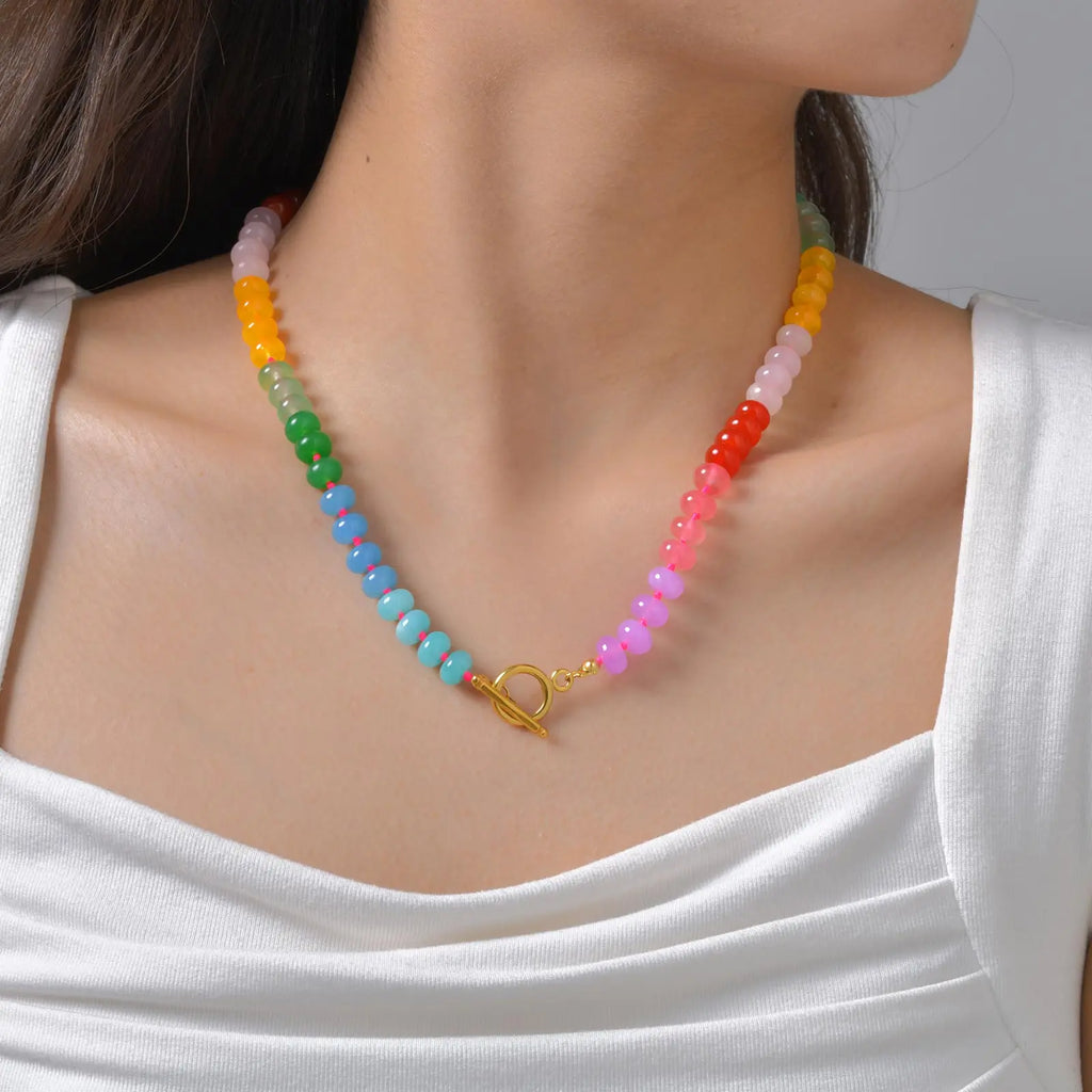 Unique Colored Natural Stone Necklace,Women's Stainless Steel OT Buckle Bead Chain Necklaces,Fashion Jewelry Gifts
