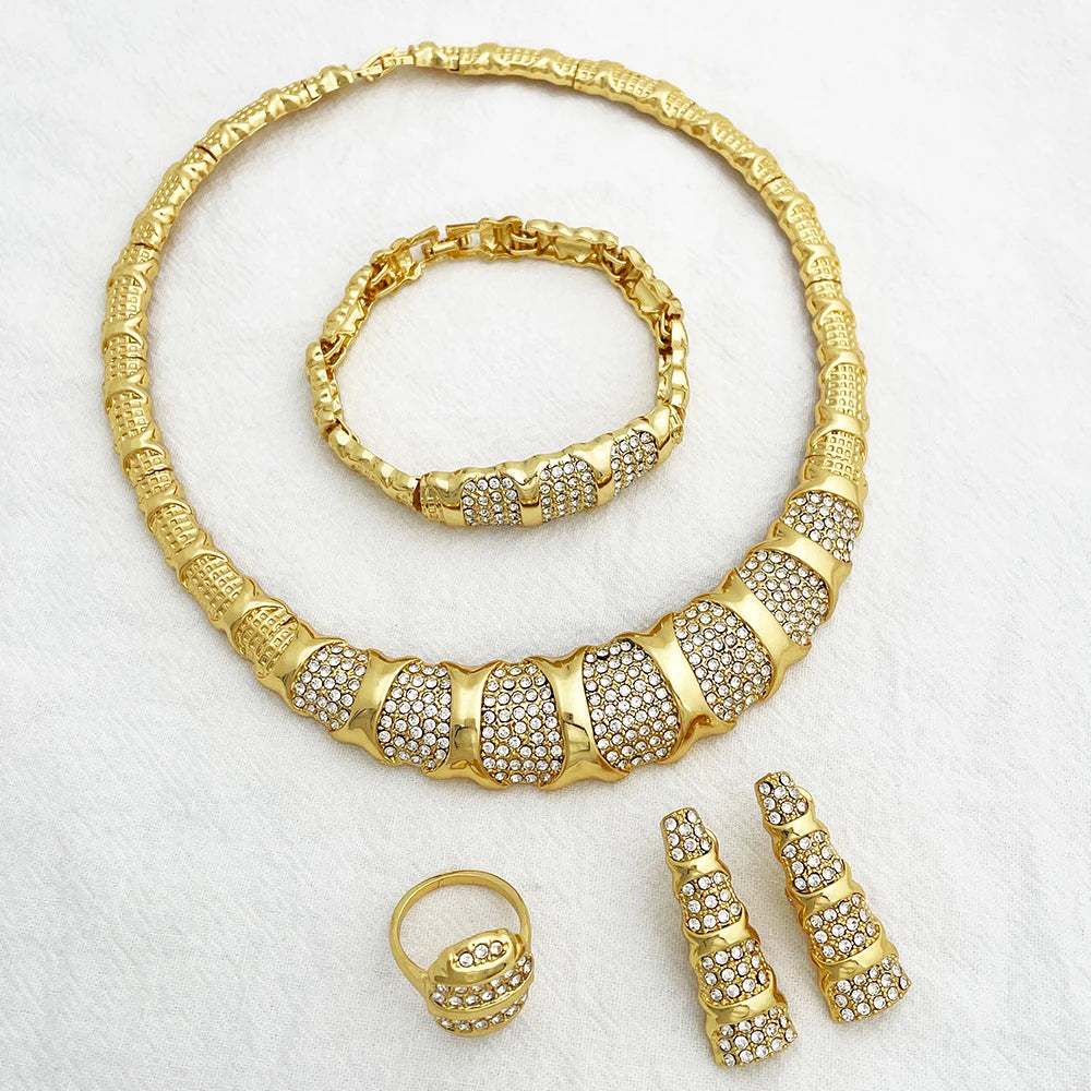 Dubai Jewelry Set For Women 18K Gold Plated Luxury Necklace Earrings Bracelet Ring For Wedding Party Mother's Day Gift On Sale