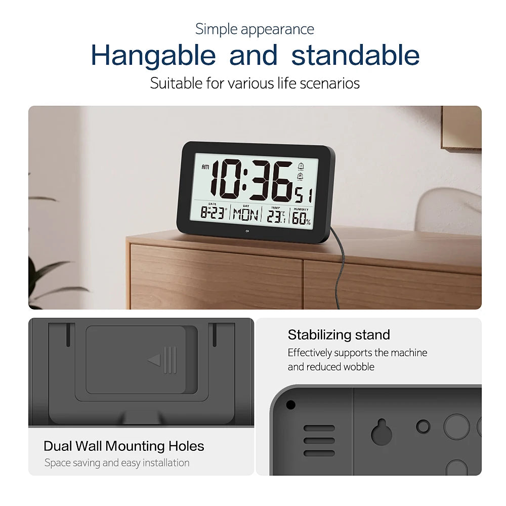 Large Digital Wall Clock with Temperature Humidity Calendar 8.5"Desk LCD Alarm Clock Backlight for Bedroom Office Living Room
