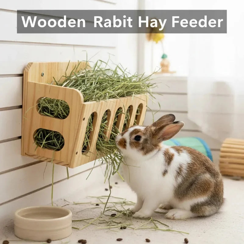 Natural Wooden Hay Feeder Rack - Hanging Guinea Pig Rabbit Feeding Grass Holder for Chinchilla Hamster Small Pet Cage Accessorie