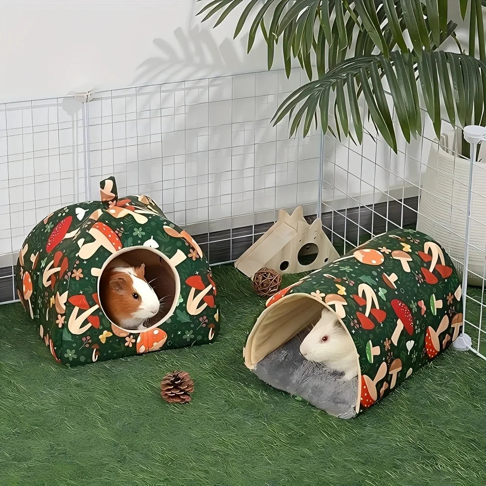 2PCS Glitter Soft Guinea Hideout & Tunnel - Washable Pet Bed with Adorable Mushroom & Flower Design for Hamster Rabbit Small Pet