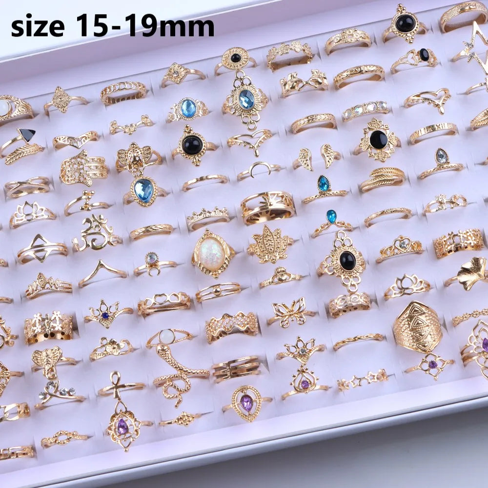 10/20/30/50/100Pcs/Lot Retro Punk Bohemian Rhinestone Carve Rings For Women Mix Style Jewelry Party Gifts Accessories Wholesale