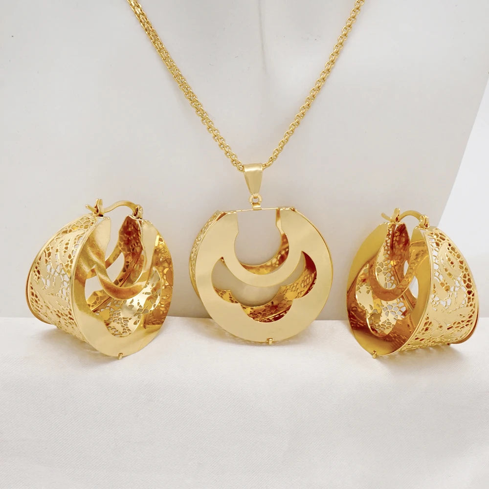 Fashion Dubai Jewelry Sets Gold Color Pendant Copper Classic Earrings Necklace For Women Daily Wear Party Anniversary Gifts