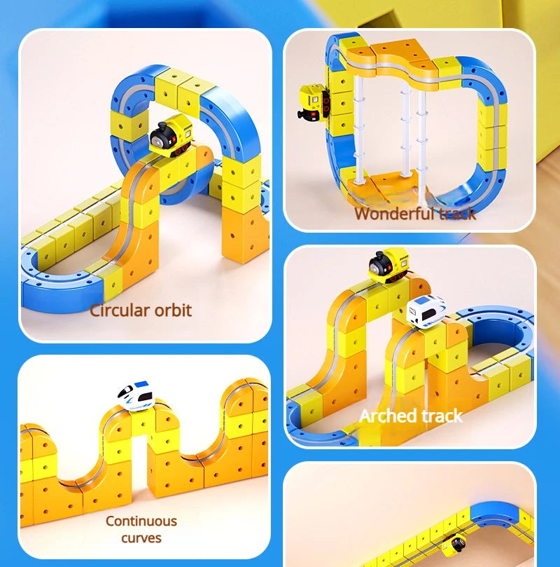 DIY Electric Magnetic Track Set With High-Speed Rail Vehicles STEM Building Game Puzzle Cube Toy for Children Gift(1-100+pieces)