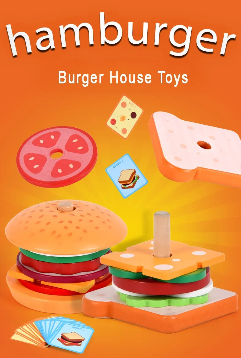 Children Pretend Play Kitchen Wooden  Toys Hamburger Sandwich Simulation Food Matching Games Montessori Educational Stacking Toy