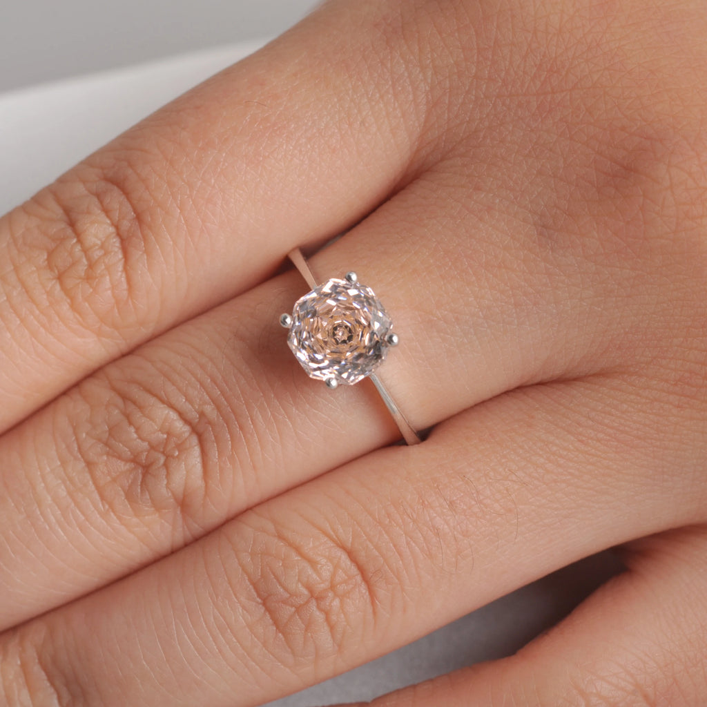 Potiy 2ct Octagon Rose Cut Morganite Pink Cubic Zirconia Solitaire Ring, 925 Sterling Silver Jewelry Gift for Women with