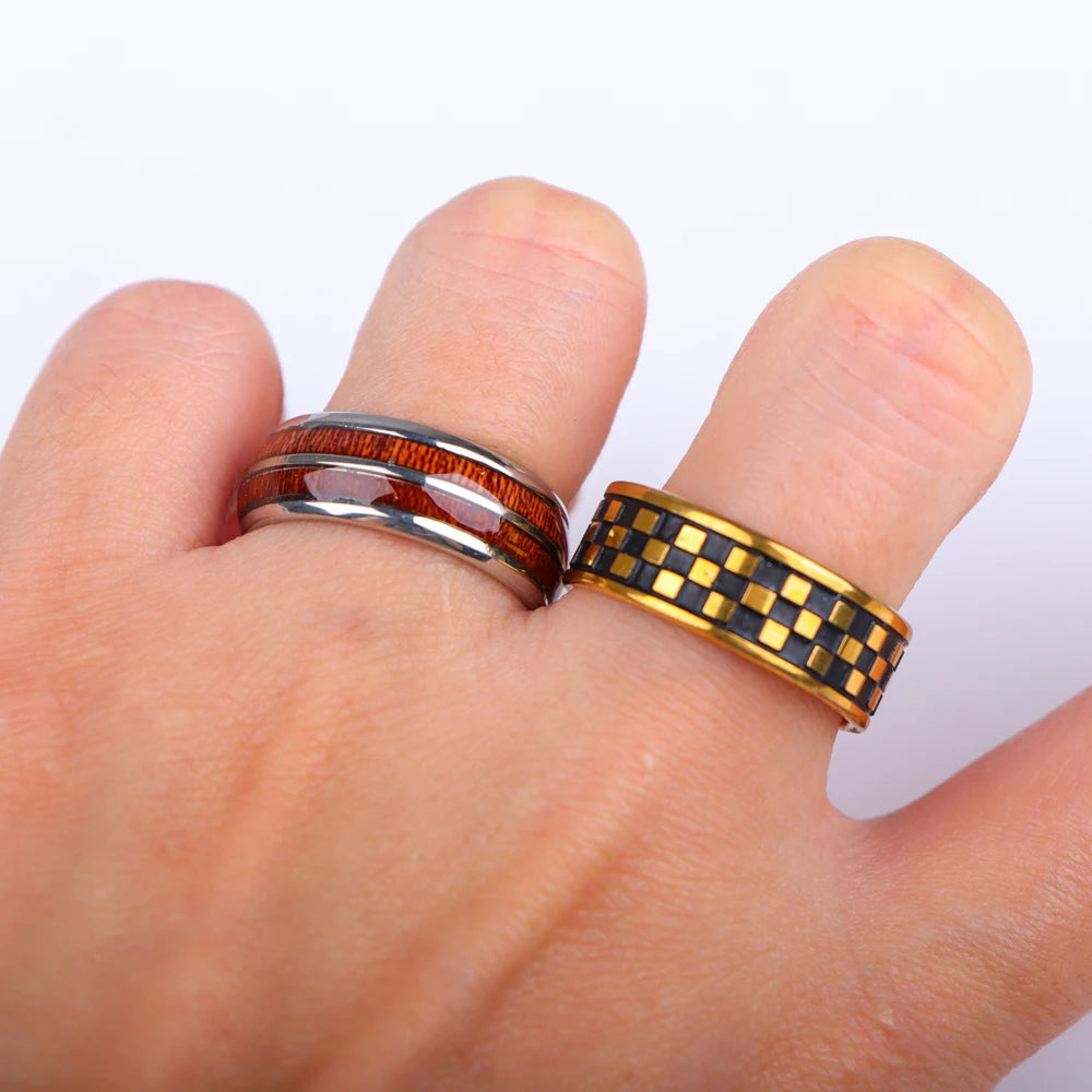 10/20/30/50Pcs/Lot Stainless Steel Fashion Ring Wood Grain Ring Men's Wedding Ring Women's Party Mixed Style Random Style