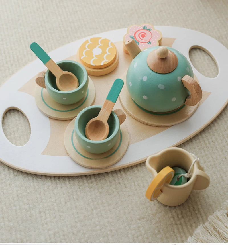 Kids Wooden Tea Set Play House Pretend Make Tea Play With Teapot Teacup Afternoon Snack Role Playing Toys Boys Girls Gift
