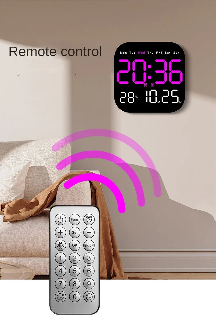 Digital Wall Clocks Temperature Date Week Dispaly Electronic Table Clock 12/24H Wall-mounted LED Alarm Clock Remote Control
