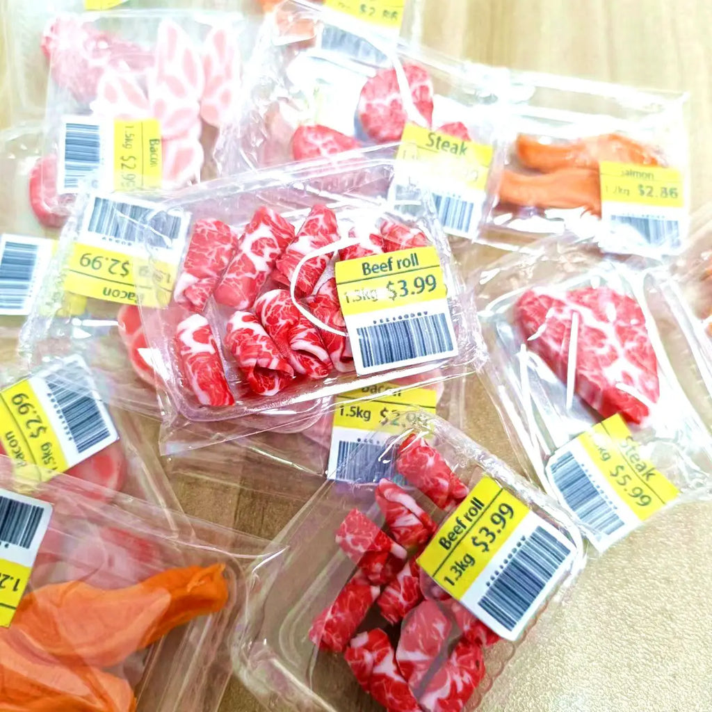 New Miniature Supermarket Food Simulation Beefsteak Salmon Bacon Beef Roll for Doll House Mini Kitchen Clay Food Accessories