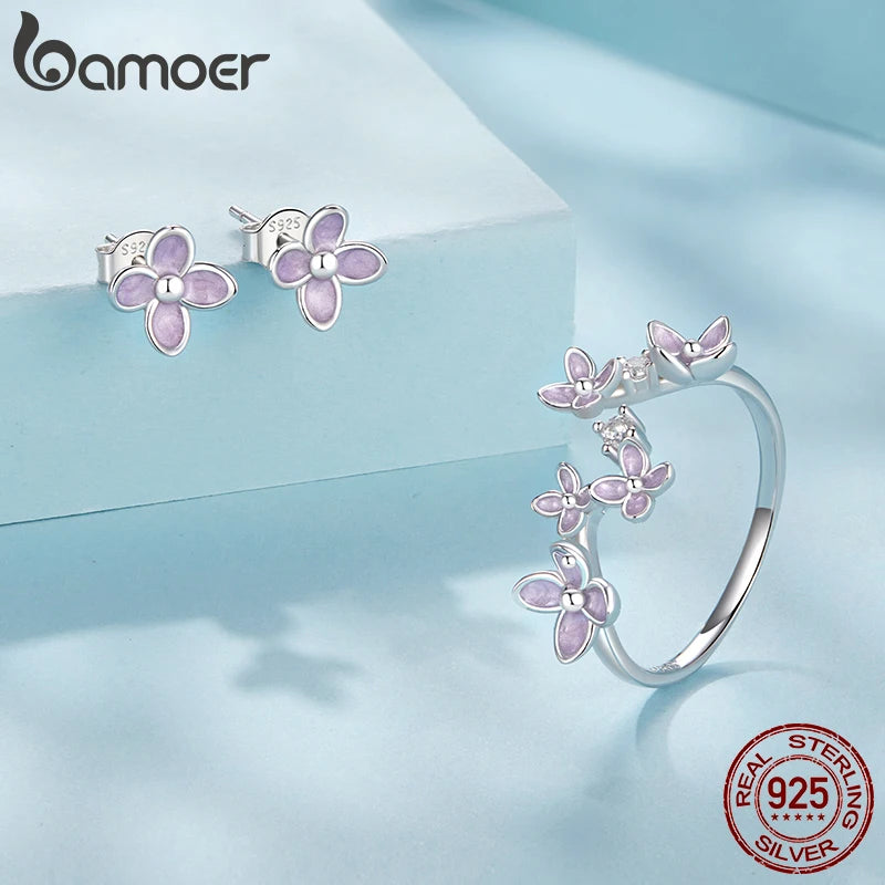 Bamoer 925 Sterling Silver Original Blue Butterfly Ring Lilac Flower Earrings for Women Jewelry Set Anniversary Engagement Gift