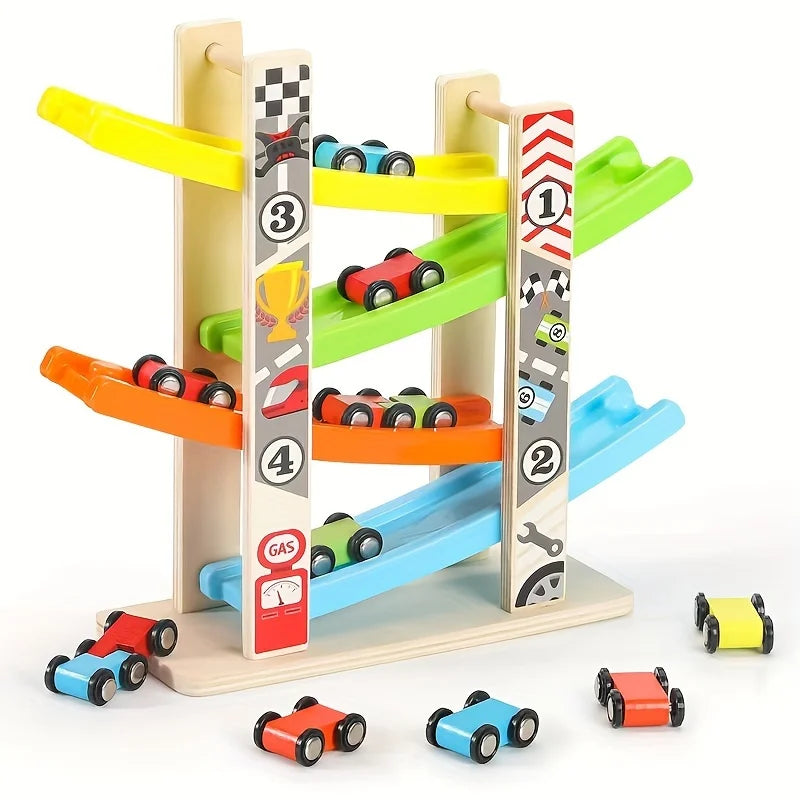 Children's Educational Track 4-Layer Wooden Gliding Car Coasting Racing Car Slide Racing Fun Track Car Educational Toy