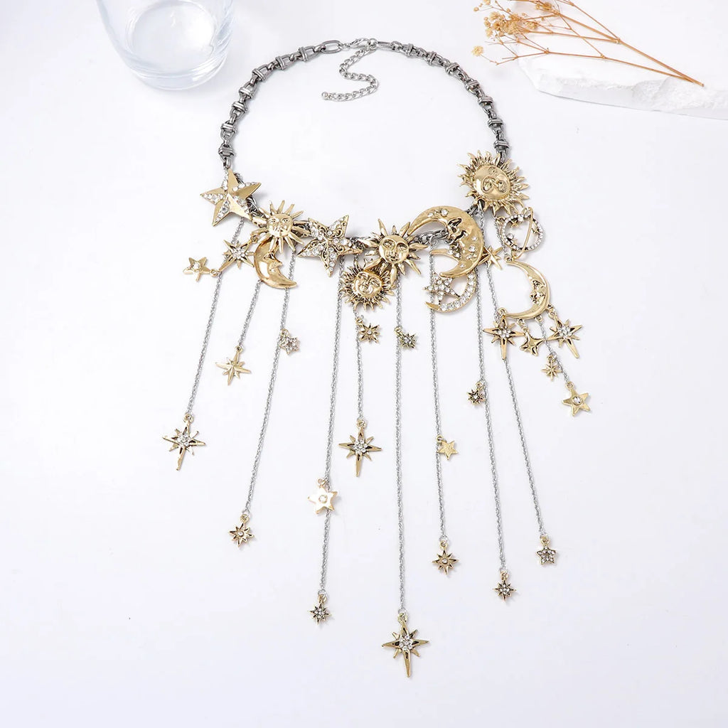 Metal Stars Moon Waterfall Tassels Pendant Necklaces for Women Vintage Statement Jewelry Holiday Party Gifts
