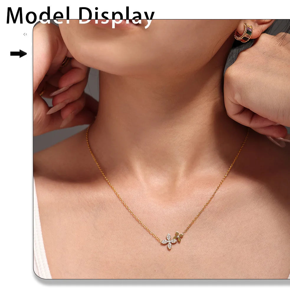Necklace Bracelet For Women Stainless Steel Zircon Waterproof 4 Petals Flower Pendant Waterproof Chain Charm Jewelry Gift