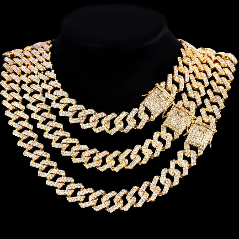 13/14/20MM HipHop Iced Out Chain Cuban Link Chain Necklace For Men Gold Silver Color Rhinestone Pave Men's Birthday Jewelry Gift