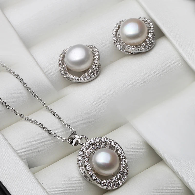 Real Cultured Natural Pearl Necklace Earring Set For Women,Elegant 925 Sterling Silver Pearl Earring Set Wife Anniversary White