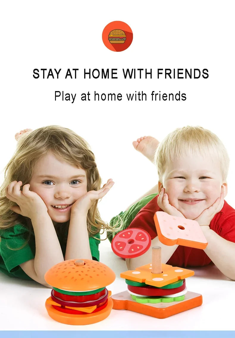 Children Pretend Play Kitchen Wooden  Toys Hamburger Sandwich Simulation Food Matching Games Montessori Educational Stacking Toy