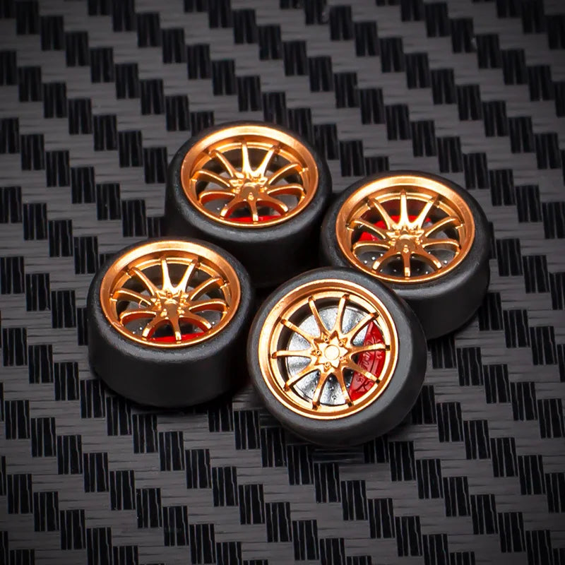1/64 Car Model Bearing Wheels 9.8mm 10.8mm Rubber Tires W Brake Disc Caliper Axles Modify Spare Parts for 1:64 Cars