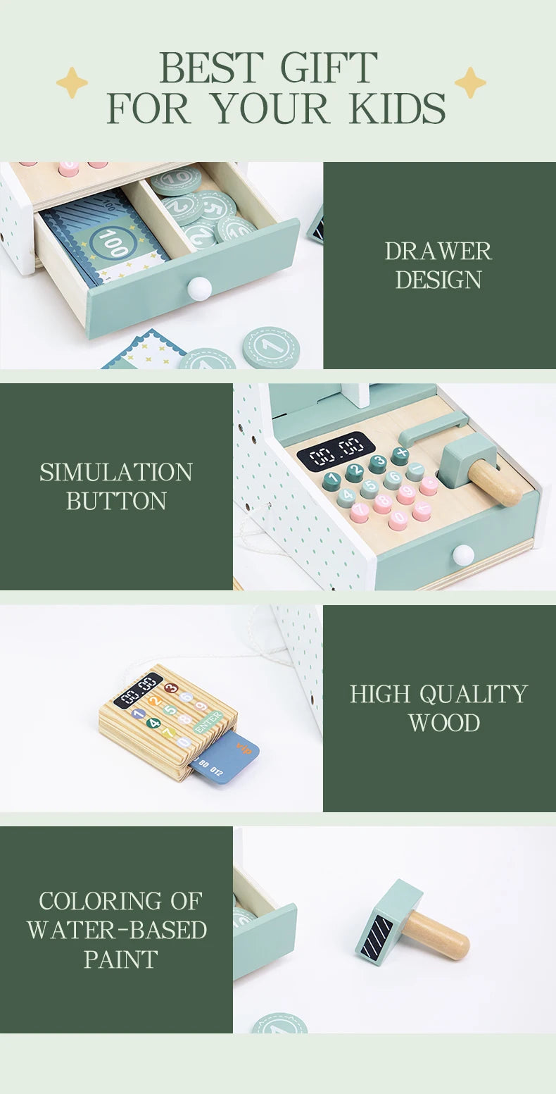 Kids Wooden Simulation Supermarket Checkout Counter Toy Cash Register Kids Role-Play Toys Kitchen Toys Girls Pretend Play