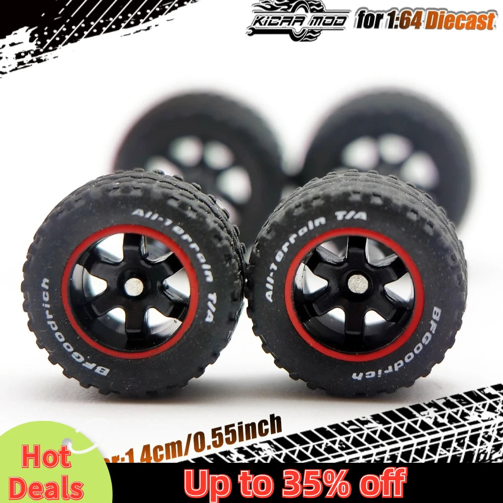 1/64 14mm Rubber Tires Tyre Band Letter & Diecast Car Wheels for 1:64 Off-Road Dedicated to Pickup Trucks, Large Sedan (1 Set)