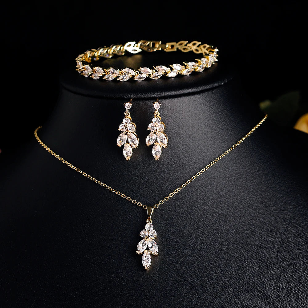ZAKOL Luxury Brilliant Zirconia Leaf Necklace Earrings Rings Bracelets Set for Women CZ Drop Bridal Wedding Jewelry Sets New