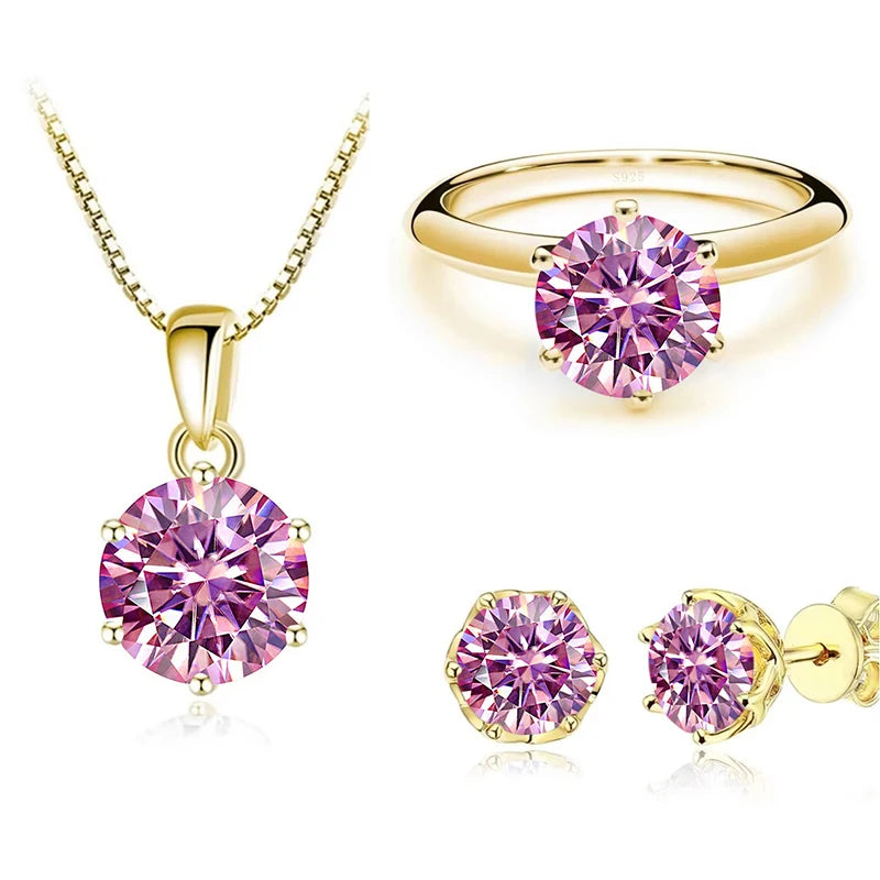 JoyceJelly 1Carat Moissanite Jewelry Set For Women Sterling S925 Silver Gold Plated Necklace Earrings Ring GRA Certified Wedding