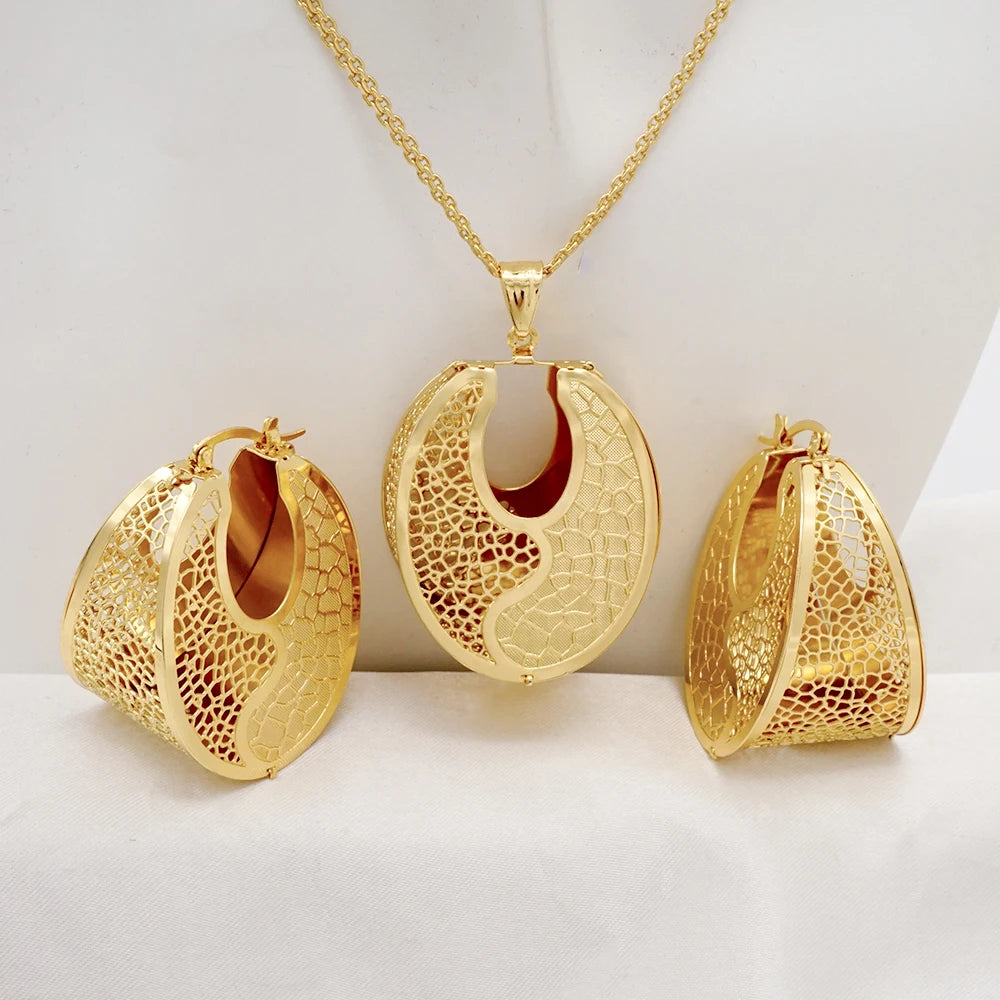 Fashion Dubai Jewelry Sets Gold Color Pendant Copper Classic Earrings Necklace For Women Daily Wear Party Anniversary Gifts