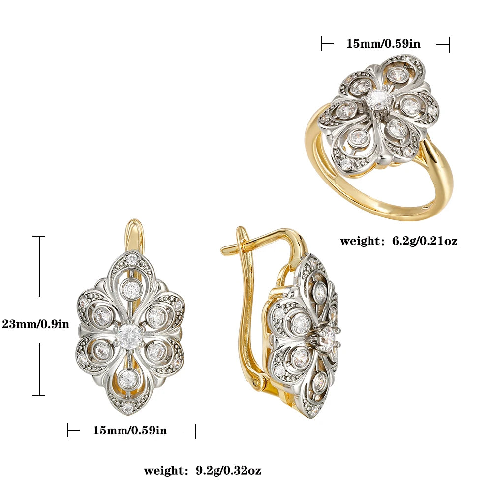 Petal design inlaid with zircon two-tone set earrings ring copper plated 14K gold retro fashion jewelry banquet holiday gift