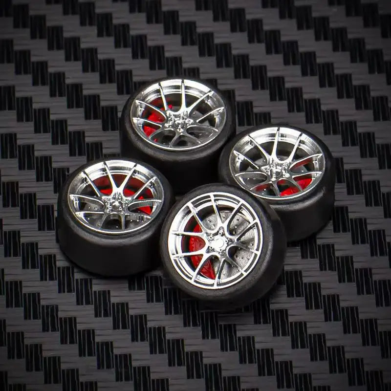 1/64 Car Model Bearing Wheels 9.8mm 10.8mm Rubber Tires W Brake Disc Caliper Axles Modify Spare Parts for 1:64 Cars