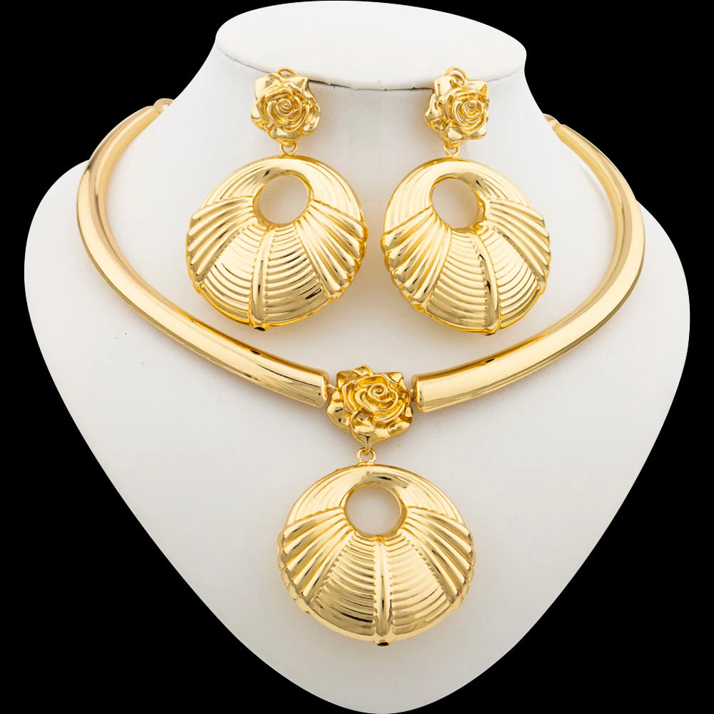 African Gold Plated Jewelry Set for Women Hoop Earrings and Pendant Set Italian Weddings Bangle Ring Jewellery Set Wholesale